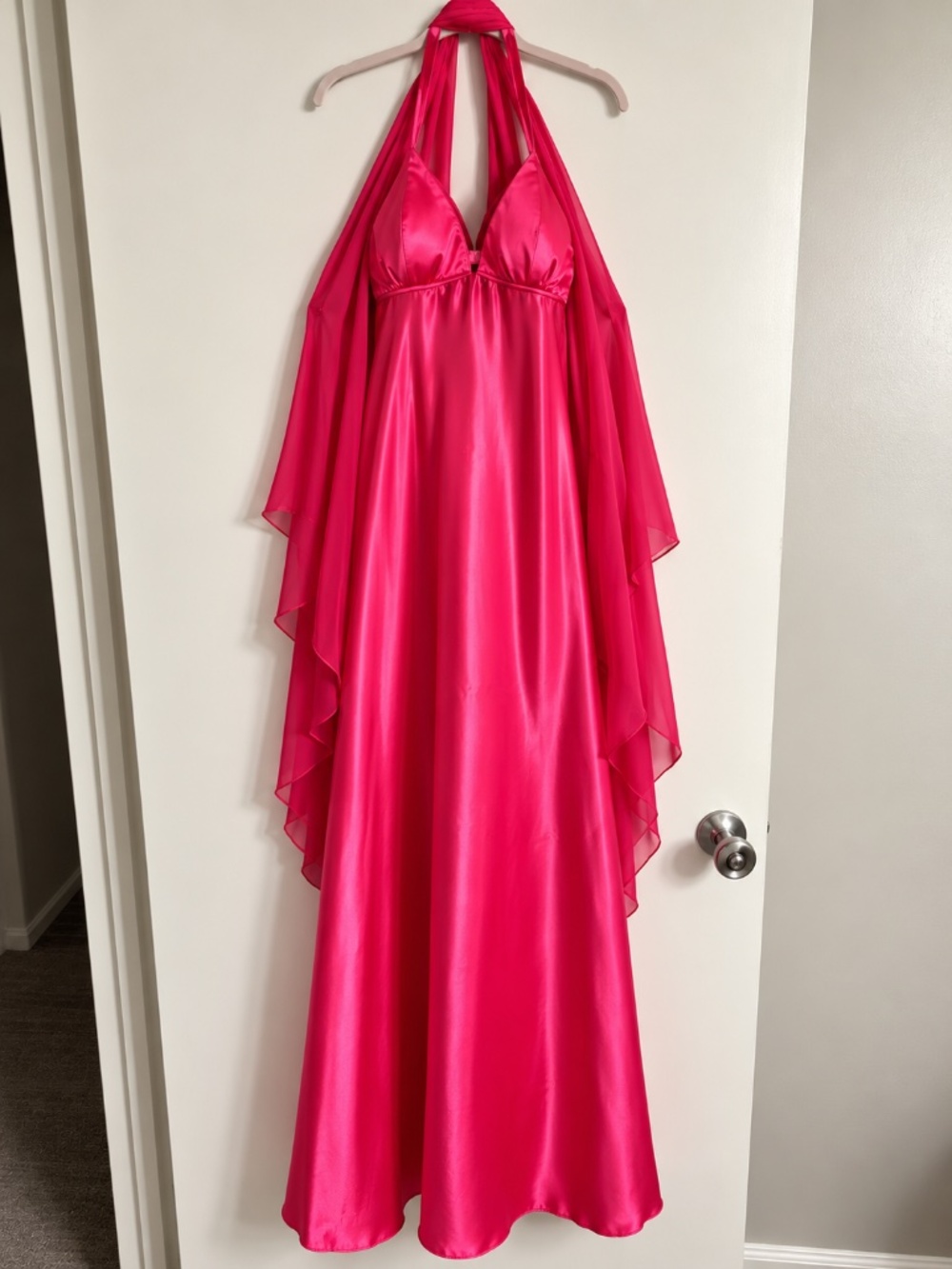 Cindy USA Fuchsia Pink Satin Halter Formal Maxi Evening Gown Size L